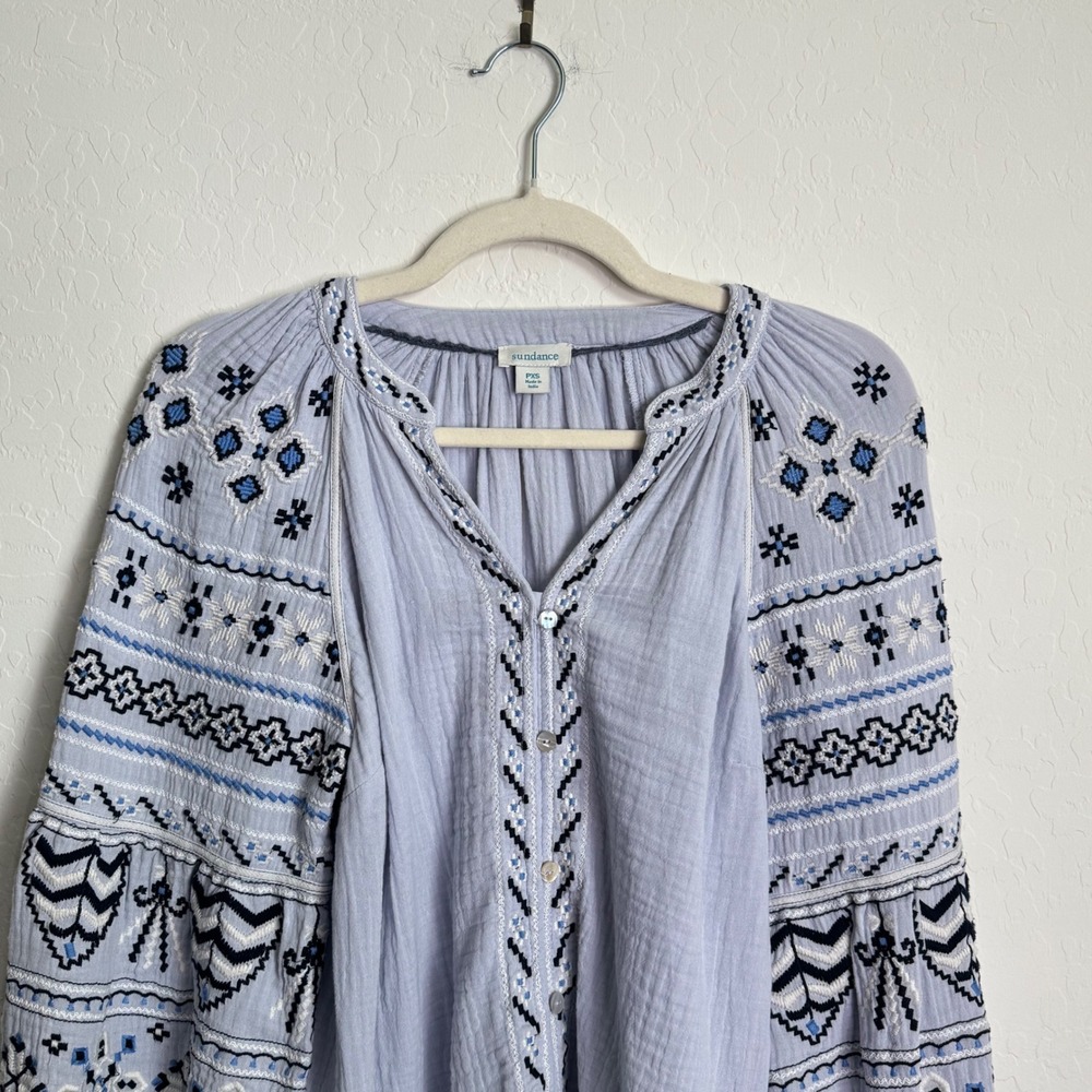 Sundance Blue Embroidered Cotton Gauze Peasant Blouse Balloon Sleeve PXS Boho - Picture 2 of 10